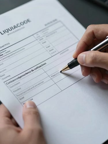 Close-up macro of hands holding a printed Chilean payroll liquidation form, pen tip resting on a cotizaciones line, cool diffused daylight from the left, crisp white paper texture visible, no faces