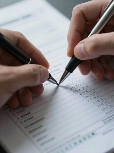 Extreme close-up of a hand holding a ballpoint pen over a printed tax form, columns of figures visible under cool daylight from a window to the left, shallow depth of field, white paper surface