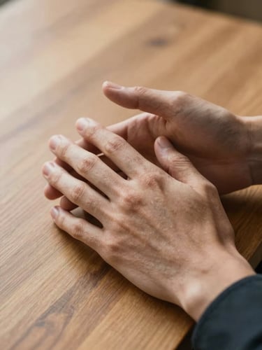 Close-up of hands in a thoughtful, reassuring gesture on a warm wooden table, soft directional natural daylight, shallow depth of field.