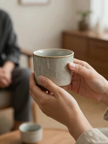 A quiet, warm-toned close-up of hands holding a textured ceramic cup in a softly lit consultation room
