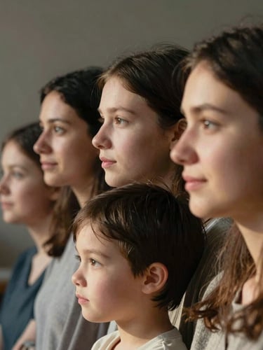 Ein authentisches, ungestelltes Porträt einer Familie im Profil, die Gesichter im weichen, natürlichen Tageslicht von der Seite beleuchtet.