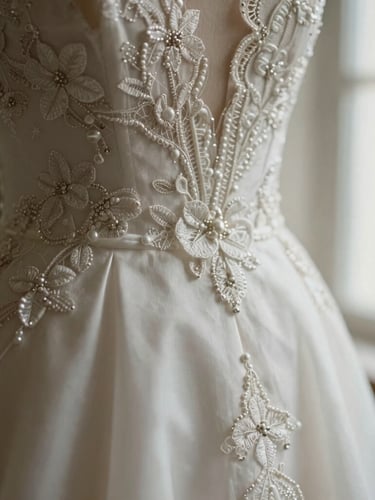 Extreme close-up of delicate French lace and hand-stitched beadwork on a warm white silk gown, soft natural window light, shallow depth of field.