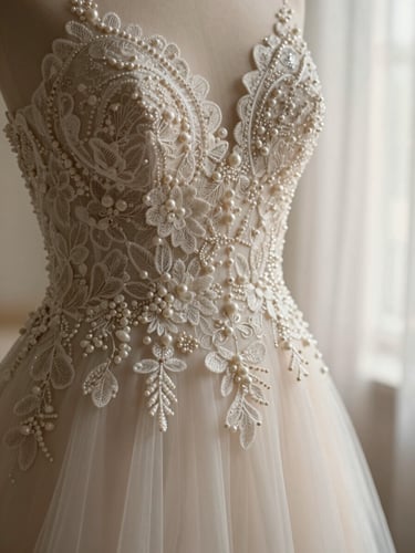 Extreme close-up of delicate French lace and hand-stitched pearl embroidery on a wedding gown, soft morning light filtering through a sheer window curtain, warm tones