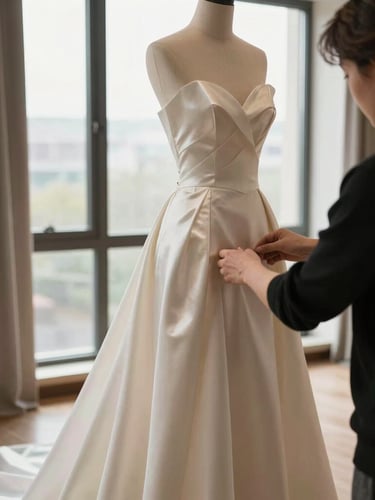 Over-the-shoulder shot of an expert couturier gently adjusting the train of a luxurious silk gown, warm window light.