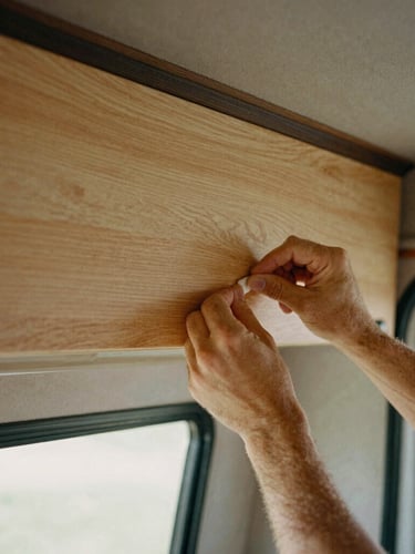 Close-up of hands working on wood paneling inside a camper van, warm cabin light, documentary film style
