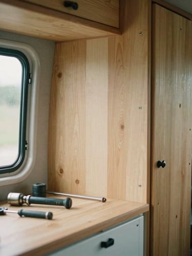 A close-up of custom wooden cabinetry inside a camper van, tools resting on a workbench, natural side window lighting, authentic documentary style.