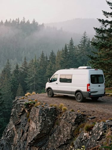 Camper van parked on a rugged cliffside in Oregon at sunrise, misty pine forests below, documentary film style, muted forest tones, 35mm lens.