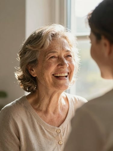 A warm close-up of a senior woman laughing with a caregiver near a sunlit window, soft natural window light, gentle golden tones, shallow depth of field, 35mm editorial style