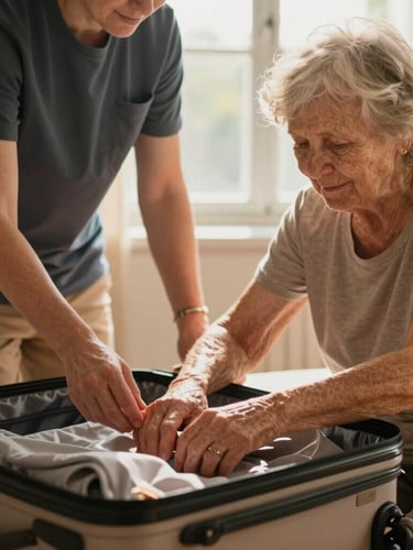 Warm editorial photography, soft natural window light, a caregiver gently helping an elderly woman pack a suitcase, shallow depth of field, 35mm