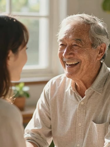 A warm editorial photograph of an elderly father laughing with his adult daughter in a sunlit garden, shallow depth of field, 35mm