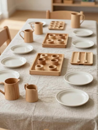 Wide environmental shot from child's eye level: wooden Montessori materials — small pitchers, sorting trays, ceramic plates — arranged on a natural linen tablecloth, ready for use. North-facing daylight from the left. No people, no decoration, no balloons. Calm and organized.