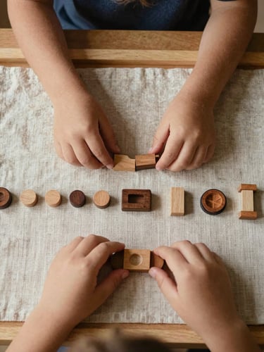 Extreme close-up overhead view of a child's hands sorting small wooden objects on a natural linen mat, north-facing daylight, no shadows, materials arranged in deliberate sequence on a low shelf behind