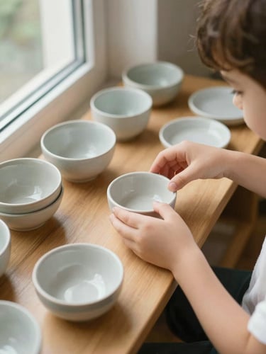 Close overhead study of a child's hands arranging small ceramic bowls on a low wooden shelf, natural window light from the left, organized Montessori materials visible in soft focus behind, no faces, warm neutral tones