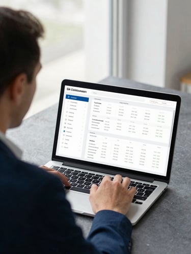 Over-the-shoulder view of a strategist analyzing a clean data dashboard on a laptop, bright natural window light, navy tones, shallow depth of field