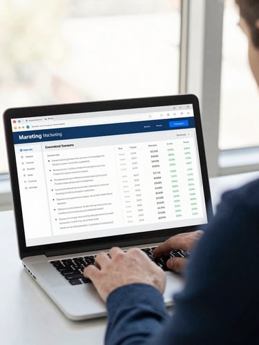 Over-the-shoulder perspective of a strategist analyzing a clean marketing data dashboard on a laptop, bright natural window light, navy and slate tones, shallow depth of field