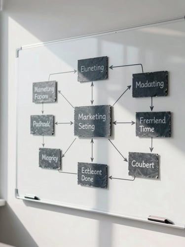 A sunlit modern office wall with a clean whiteboard containing structured marketing flowcharts, sharp shadows, slate gray accents