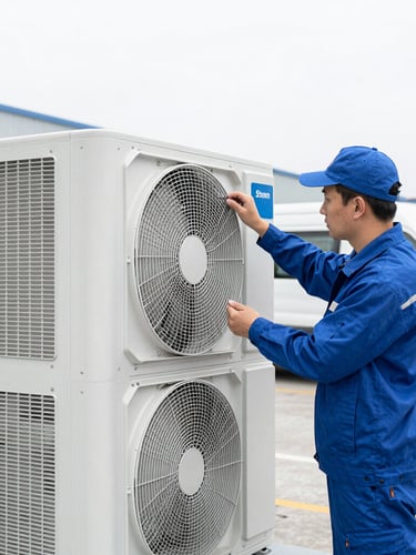 Professional technician in uniform inspecting a complex HVAC system, clean corporate environment, bright daylight, sharp focus, 35mm
