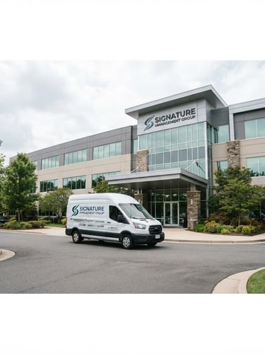 Wide panoramic shot of a modern commercial building facade with a branded Signature Management Group fleet vehicle parked prominently in front, bright overcast daylight, sharp focus, 35mm
