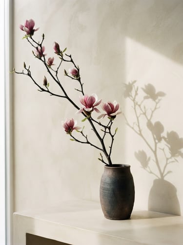 A single architectural branch of a Japanese magnolia in a raw dark ceramic vase, set against a warm cream concrete wall, sharp side shadow, minimalist editorial photography