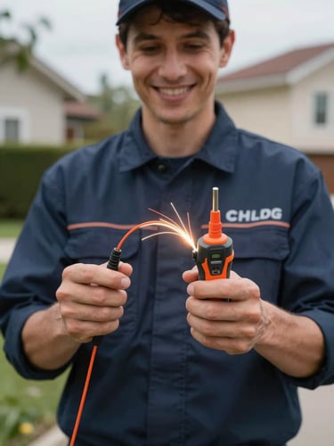 A local friendly technician in a branded uniform smiling, holding a fiber test tool, outdoor neighborhood background