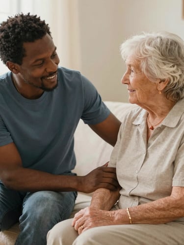 A warm, sunlit Maryland living room where a caregiver gently holds an elderly resident's hand, soft natural daylight, peaceful and dignified atmosphere.