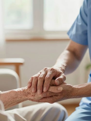 A compassionate caregiver gently holding the hand of an elderly resident in a bright, sunlit room, soft natural daylight, warm and comforting interaction