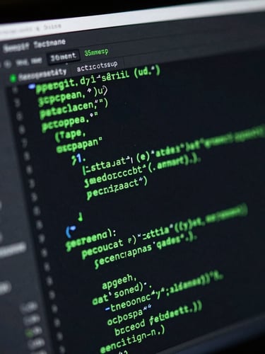 Sleek tech photography, dark ambient studio lighting, electric volt green accents, macro depth of field, 35mm. High-resolution screen displaying clean optimized code with glowing green syntax highlighting, angled isometric shot.