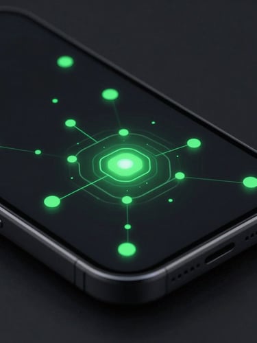 Isometric view of a sleek dark-mode mobile application interface, glowing digital nodes, electric volt green accents, high contrast, 35mm