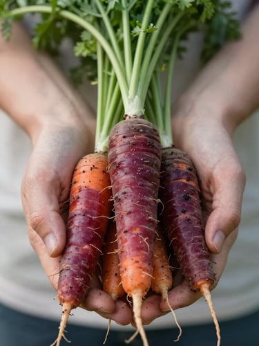 Intimate close-up of dirt-speckled hands holding freshly harvested heirloom carrots under soft, diffused Scandinavian natural light, high contrast, shallow depth of field, 35mm
