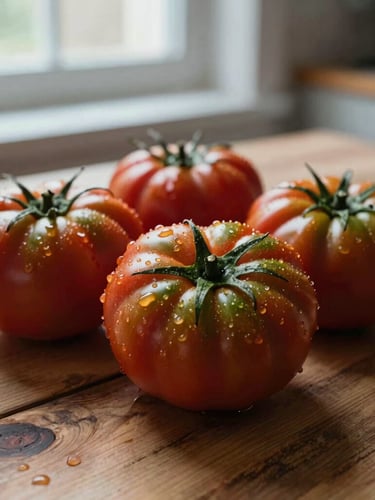 Close-up of fresh heirloom tomatoes with water droplets, resting on a rustic wooden table in a Scandinavian-style kitchen, soft natural window light, deep shadows, 35mm