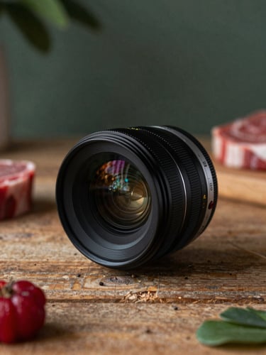 Close-up of a high-end cinema camera lens positioned over a rustic wooden table with raw ingredients, soft Scandinavian natural light, deep shadows, 35mm.