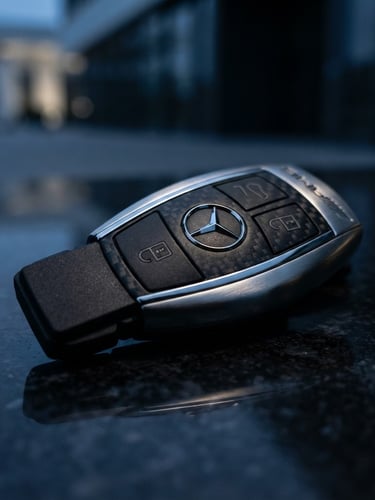 Close-up of a sleek Mercedes-AMG key fob on a polished dark surface, dramatic twilight lighting, sharp focus on the metallic details, subtle reflections, low-angle wide shot.