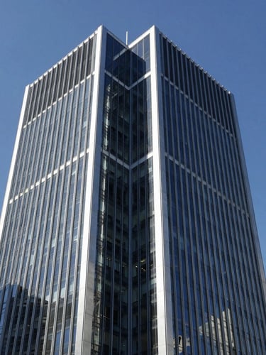 Wide architectural crop of a modern corporate skyscraper in Madrid, cool silver and navy glass facade, sharp angles, crisp daylight, 35mm