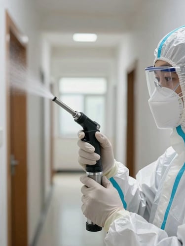 Clinical macro photograph of a professional environmental technician in clean white protective PPE, holding a precise steel nozzle, applying sanitization barrier in a bright, modern residential corridor, high contrast, studio-like daylight.