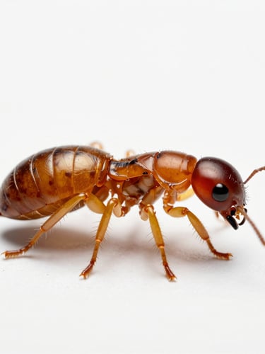 Macro photography of drywood termite soldier isolated on white background, sharp focus on mandibles, clinical studio lighting.