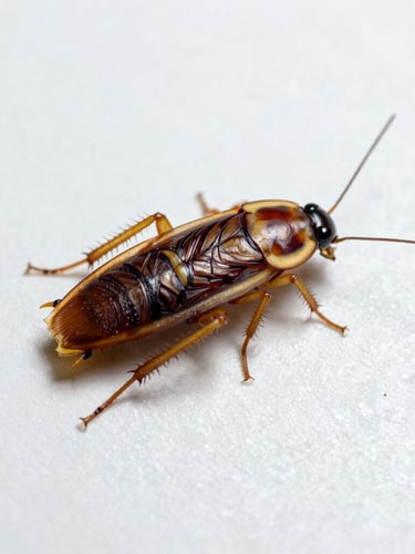 Macro photography of a German cockroach (Blattella germanica) on a sterile white tile background, sharp scientific focus, clinical lighting.