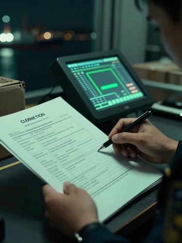 Extreme close-up of a customs officer inspecting cargo documents with a high-tech terminal in the background, low-key lighting with sharp green accents.