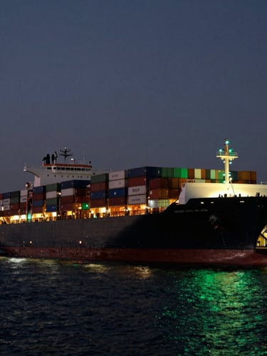 Cinematic wide-angle shot of a massive container ship at dusk, dramatic harbor lighting, deep black water, glowing emerald green port indicators