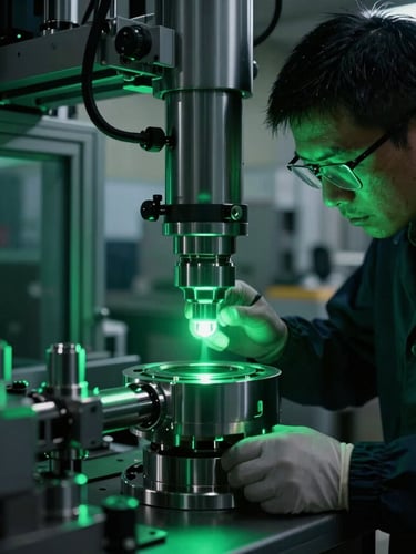 Extreme close-up of an industrial quality inspector in a high-tech facility measuring precision metal components under emerald green laser guidance lights.