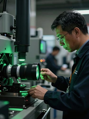 Close-up of industrial quality inspector examining machinery, cinematic low-key lighting, sharp focus, emerald green highlights, professional trade environment