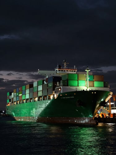 Wide-angle cinematic shot of a massive container ship at dusk, dramatic harbor lighting, deep black and glowing emerald tones, anamorphic lens