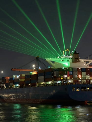 Ultra-wide environmental shot of a massive container ship loading at an industrial port at dusk, sharp emerald green laser lines mapping structural grids over the cargo, dramatic backlighting, cinematic low-key photography, anamorphic lens.