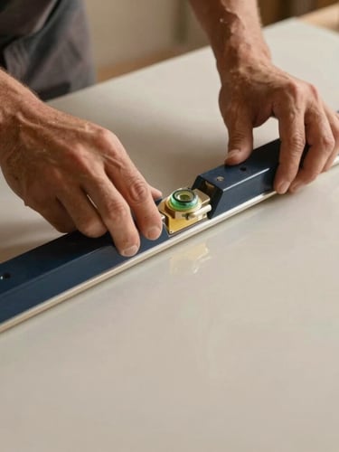 Macro photography of a craftsman leveling a large format porcelain slab, focus on the perfect joint alignment, clean hands, professional tools, warm ambient light