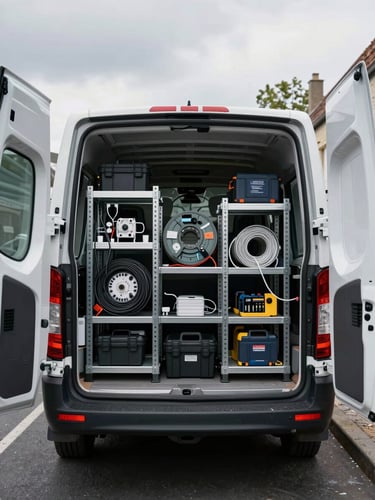 Wide environmental shot inside a professional trade van, looking toward the open rear doors, organized metal racks holding electrical conduit, cable reels, and tool cases, overcast daylight filtering in from outside, Île-de-France suburban street visible in background, no people