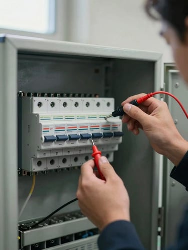 Close-up overhead shot of an open electrical panel, labeled circuit breakers, hands of a technician holding a test probe to a terminal, natural daylight from a high window, concrete wall visible, no face shown