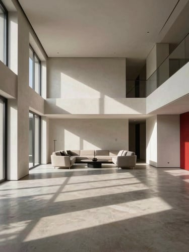 Wide architectural shot of a minimalist luxury villa interior, high-contrast natural light casting sharp diagonal shadows on polished concrete floors, clean vertical lines, premium Italian furniture, neutral tones with a subtle red accent