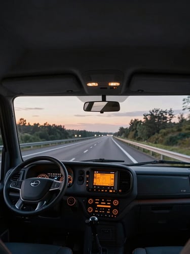 Wide-angle interior shot of a modern truck cabin, view looking out through the windshield onto a European highway at twilight, clean dashboard with glowing orange digital displays.