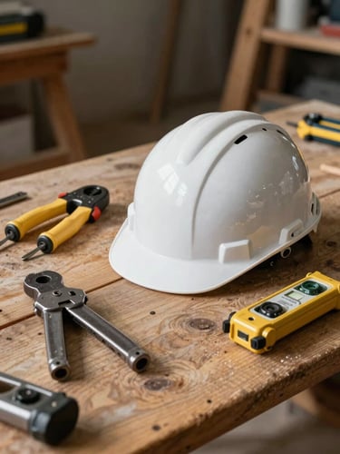 Plan d'architecte posé sur une table de chantier en bois brut, casque de sécurité blanc, outils de mesure en acier, lumière latérale contrastée.