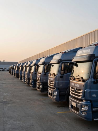 Wide panoramic view of HBM TRANS company yard at early morning, a row of branded blue-grey trucks parked in formation to the right, long concrete apron stretching left, low golden light raking across vehicle flanks showing fleet scale