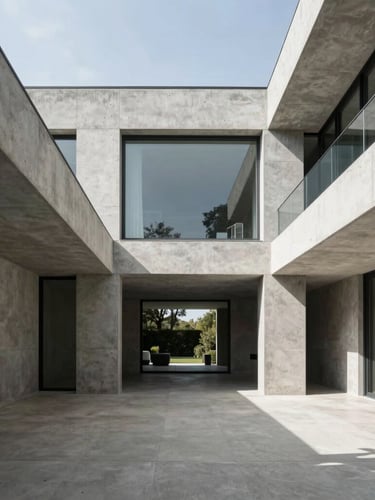 Wide-angle architectural shot of a modern luxury villa with clean concrete lines, high-contrast natural light, and sharp vertical alignments.